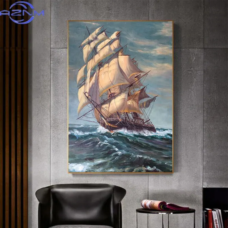 AZNM Nordic Vintage Nautical Oil Painting Seascape Canvas Print Sailboat Wall Art Decor for Home