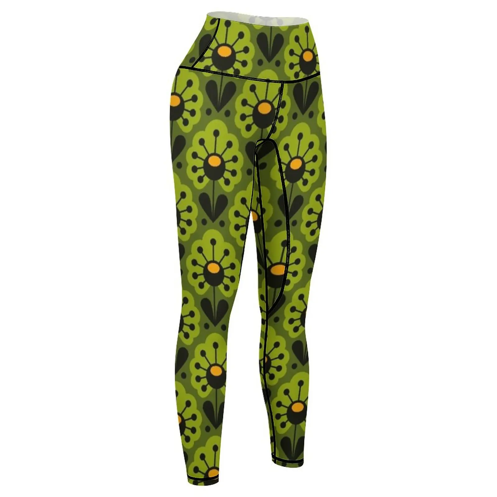 Leggings femininas de cintura alta verde brincalhão, leggings push-up, flores retrô, 0917