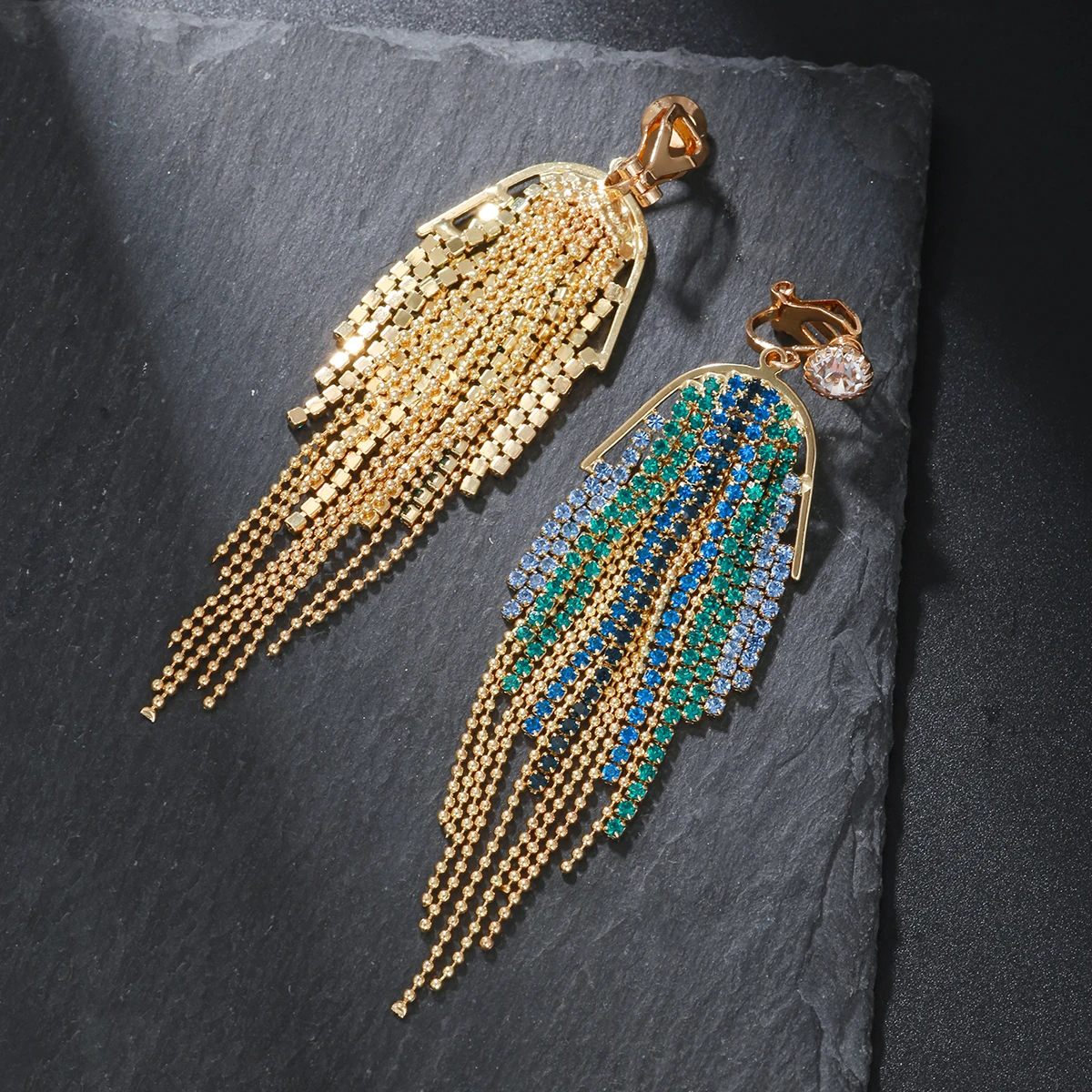 New Exaggerated Rhinestone Tassel Clip Earrings for Women Party Wedding Statement Jewelry Long Non Pierced Earings Gifts