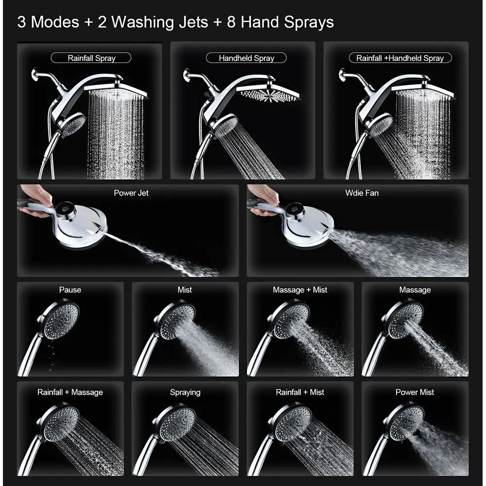 Luxury Shower System: Dual Shower Head with Magnetic Handheld and 10 Settings, Power Jets Included