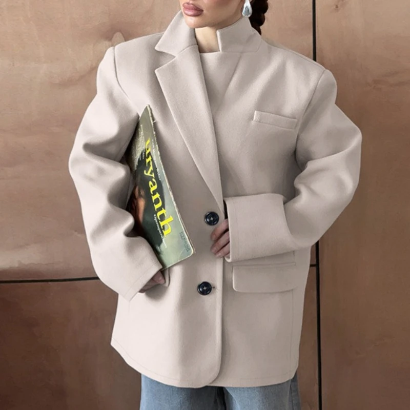 Women's Khaki Blazer with A Sense of Design, Autumn and Winter Warm Wool Long Sleeves, Casual Workwear Lazy Style Suit Jacket