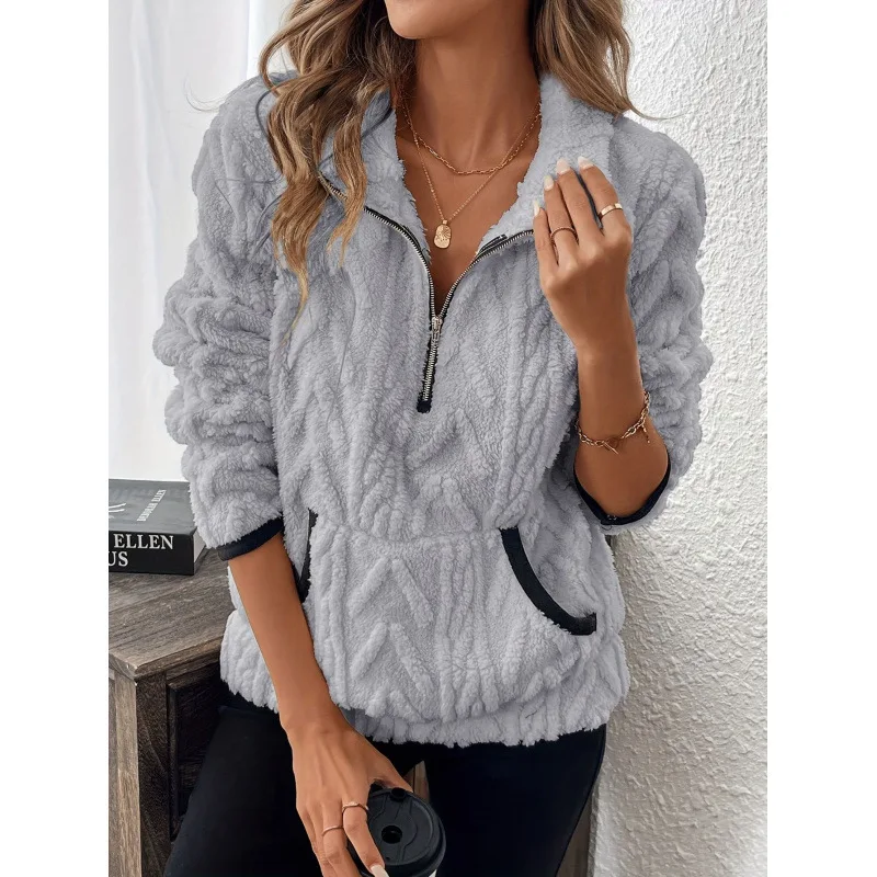 2025 Autumn and Winter New European and American Lapel Half Zipper Plush Pocket Short Sweater Women