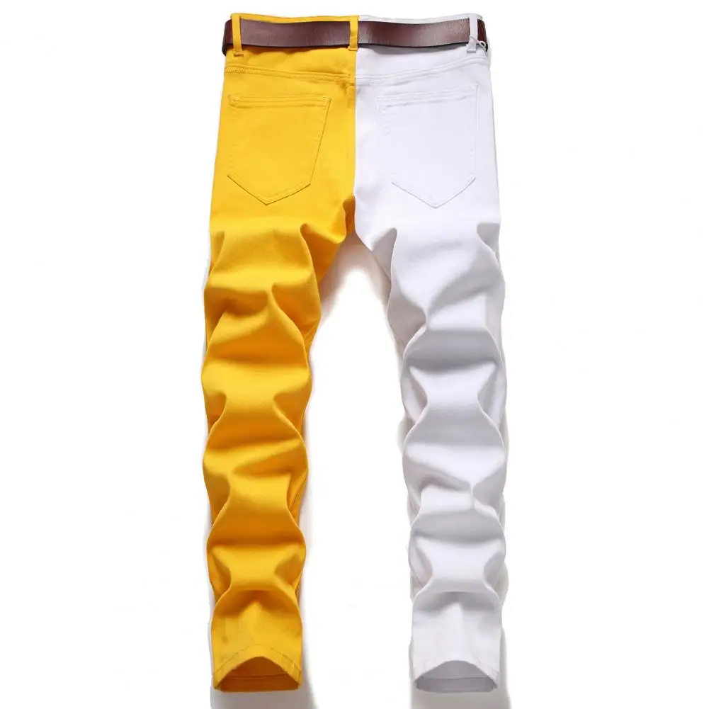 Two Colors Stitching Men's Jeans Fashion Slim Stretch Denim Pants Red Black White Blue Green Spliced Casual Trousers