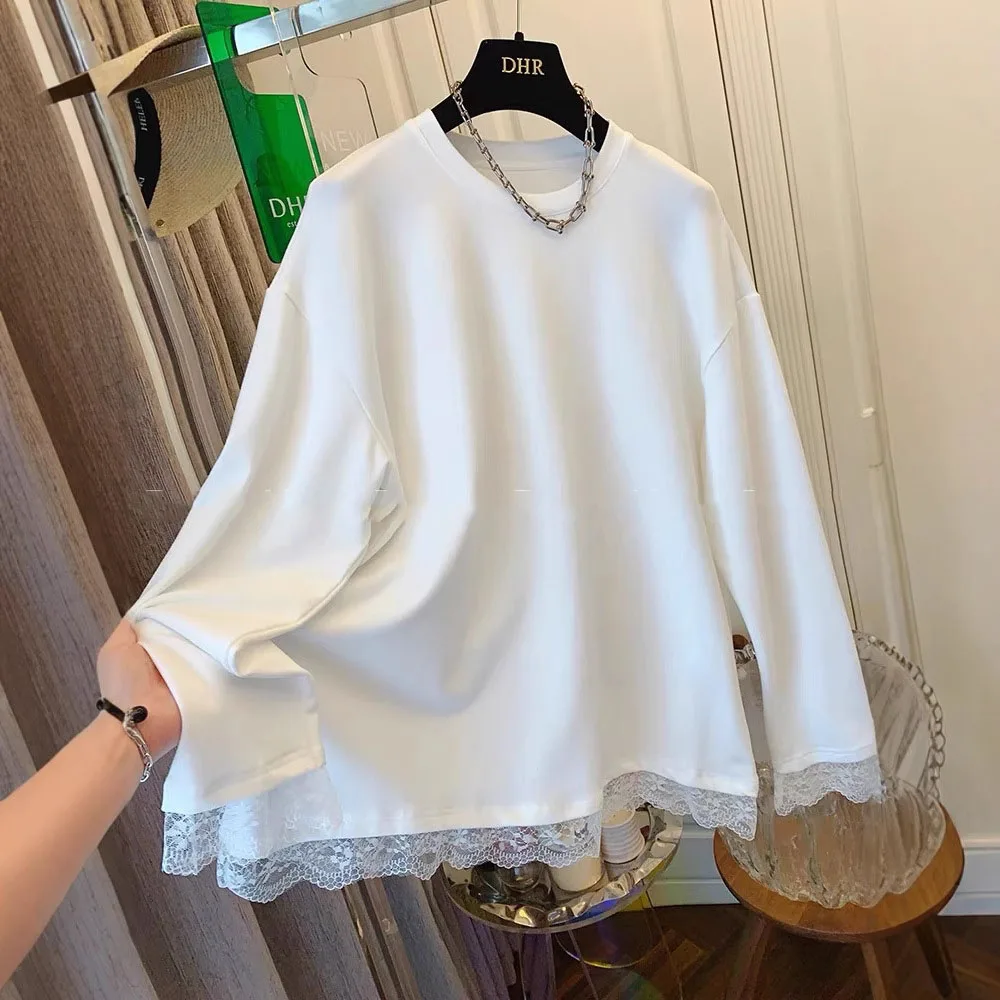 Koreański styl Jednokolorowe koronkowe topy Wiosna Jesień Dralon Koszulka z długim rękawem Wszechstronny oversize damski pulower