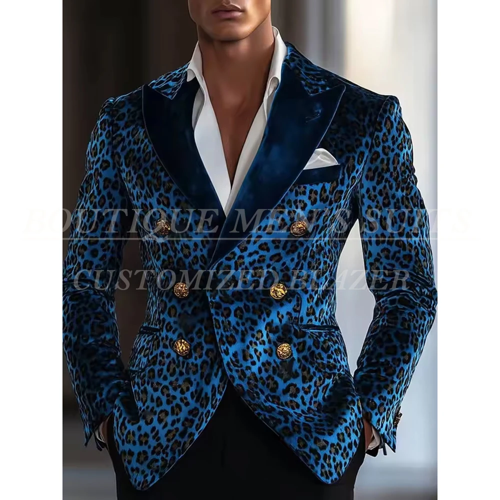

Slin Fit Men's Suits Chic Prom Party Leopard Double Breasted Peak Lapel Blazer With Black Pants 2 Piece Customzied Clothing