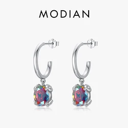 Modian 925 Sterling Silver Rainbow Color Oval Zirconia Drop Earrings Luxury Dangle Earring For Women Anniversary Fine Jewelry
