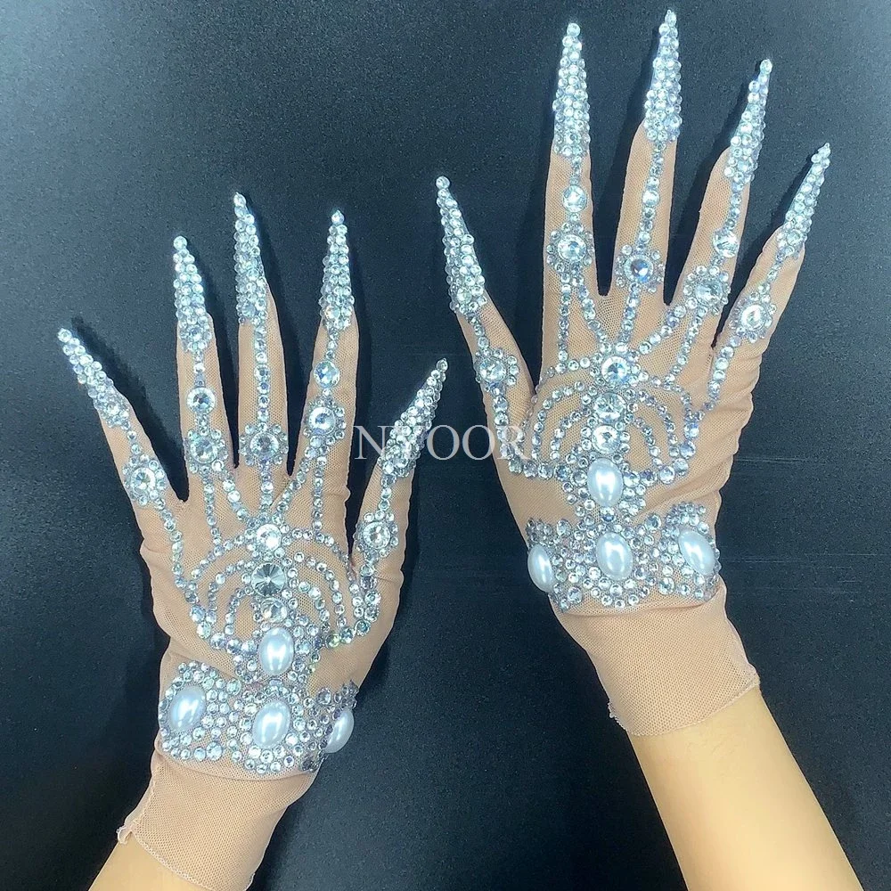 Lujosos guantes de perlas y cristales para mujer, guantes cortos de cristal brillantes, bailarina, cantante, club nocturno, accesorios de espectáculo de escenario