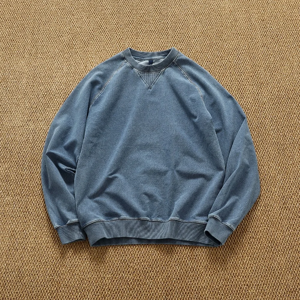 100% washed distressed heavyweight sweatshirt men's loose solid color simple casual American retro high street jacket