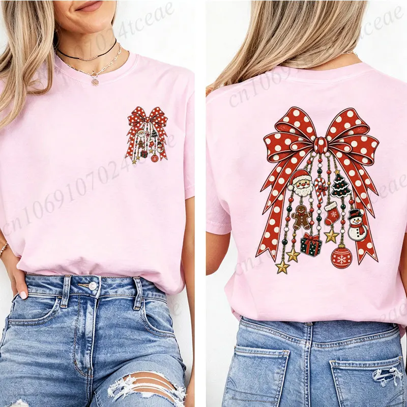 Weihnachts-T-Shirt mit Front- und Rückendruck, Polka-Dot-Schleife, Weihnachtsanhänger, Grafik-T-Shirt, Weihnachtsmann, Schneemann, Lebkuchenmann, Weihnachtsfeiertags-T-Shirts – Detail 3