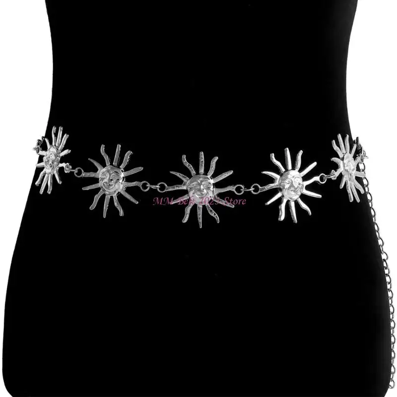 49ME Stylish Minimalist Metal Belt Chain Sun/Moon Charm Accent Adjustable Waistband