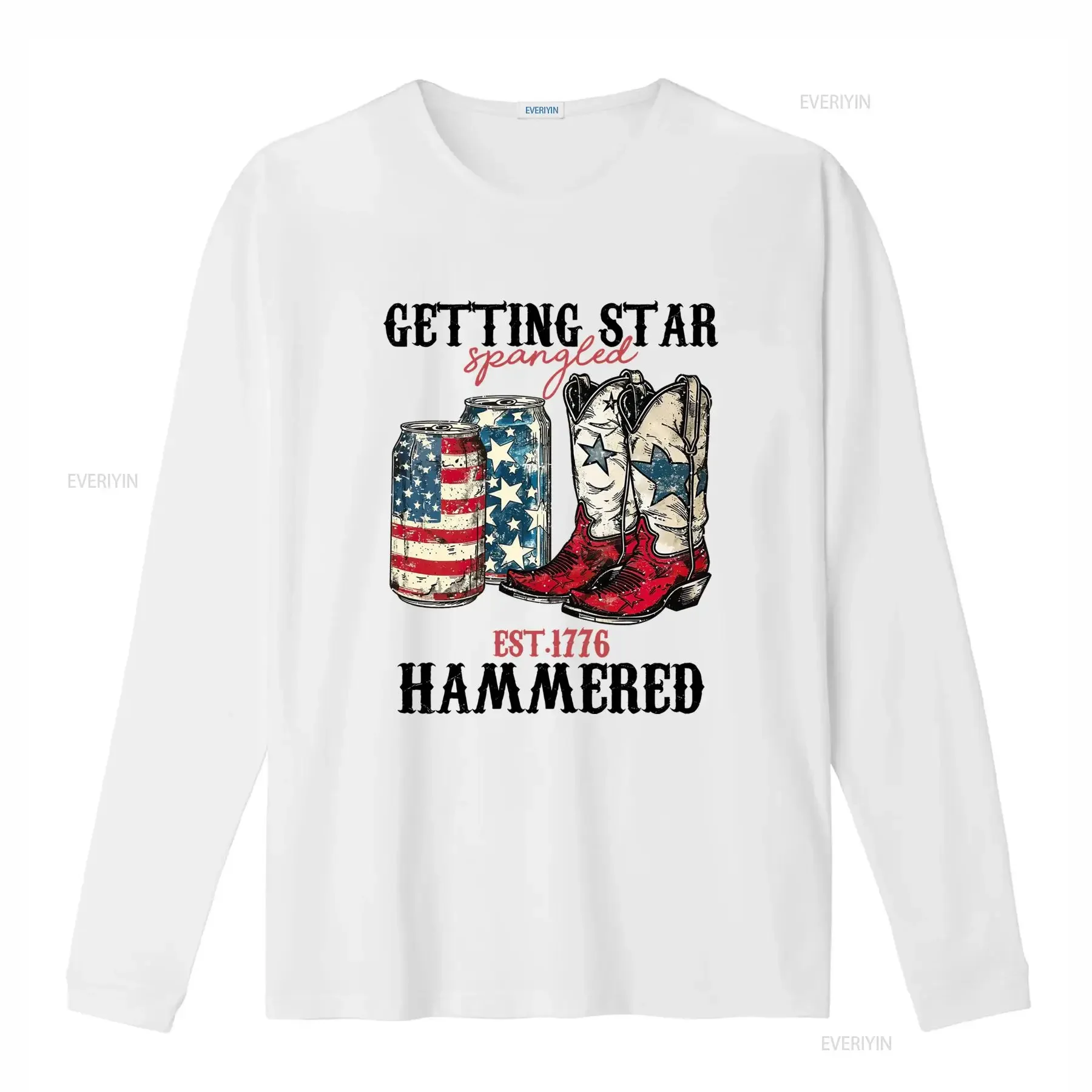 Vintage Retro Patriotic EST 1776 Spangled Cowboy Boots American Flag Beer Can Print Casual T Shirt vintage Washed Versatile