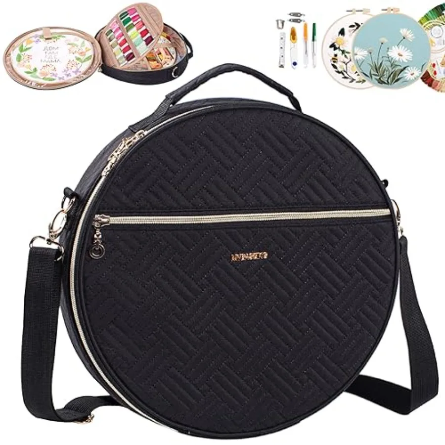 

Round Embroidery Bag with Multiple Pockets for Cross Stitch Supplies Organizer - Storage Bag for Embroidery Floss and Kits - Cr