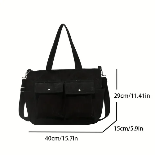 Imagen 2 del producto Bolso de hombro de pana de gran capacidad para mujer, bolso sencillo e informal con múltiples bolsillos para ir al trabajo y ir de compras