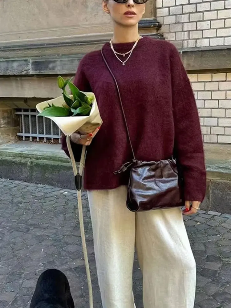 

HH Осенний свитер для женщин, модный винтажный вязаный пуловер винно-красного цвета, свитшот с длинными рукавами и круглым вырезом, уличный трикотаж, топ