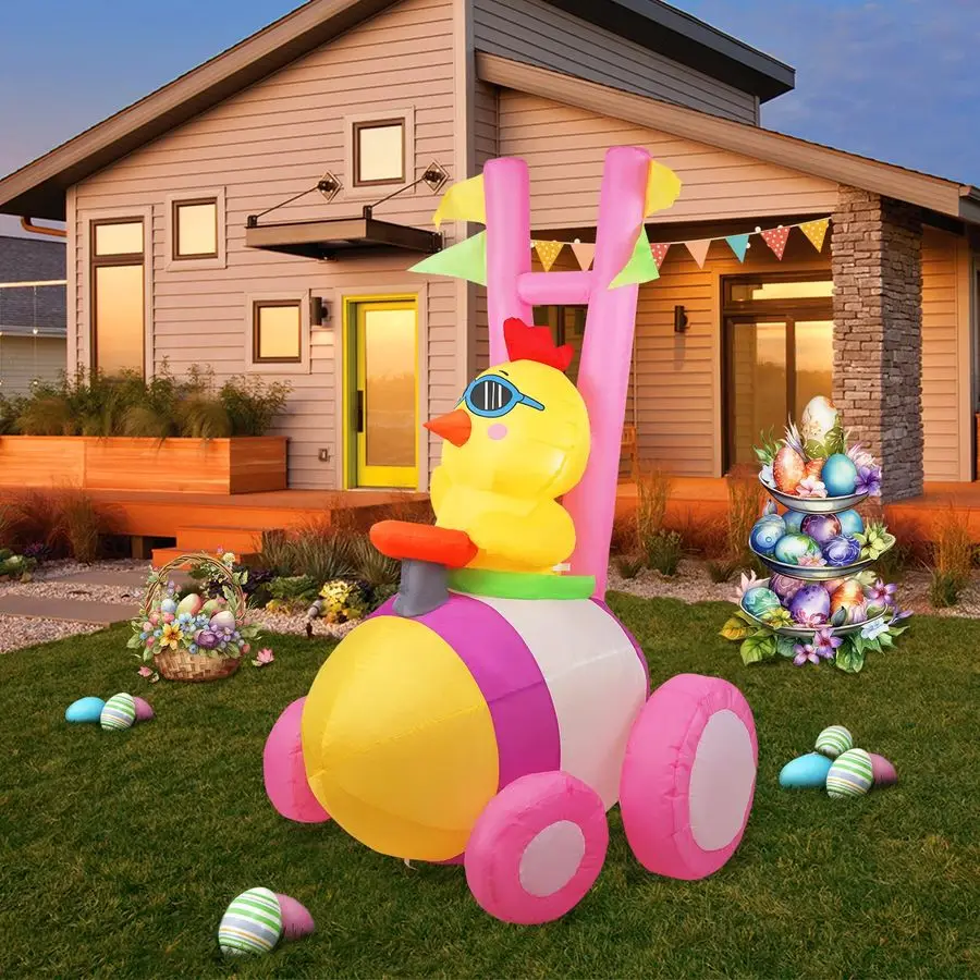 

Надувная декорация «Курица-водитель» высотой 1,8 м с встроенными светодиодами для праздничного оформления дворов и газонов