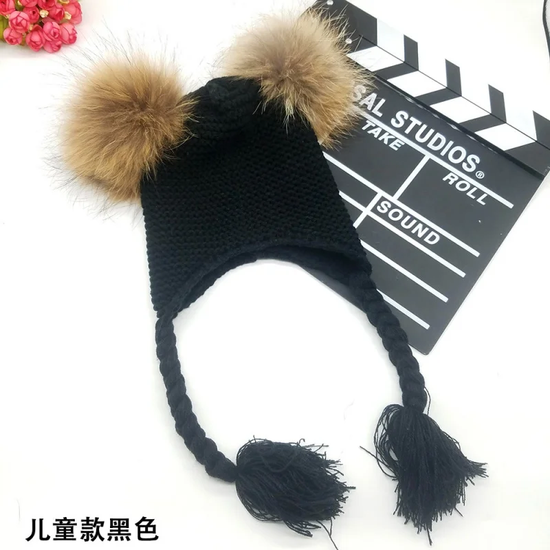 Children\'s Autumn and Winter Korean Warm Girls\' Sleeve Cap Baby Double Fur Ball Knitted Woolen Cap Boys\' Real Fur Hat Fashion