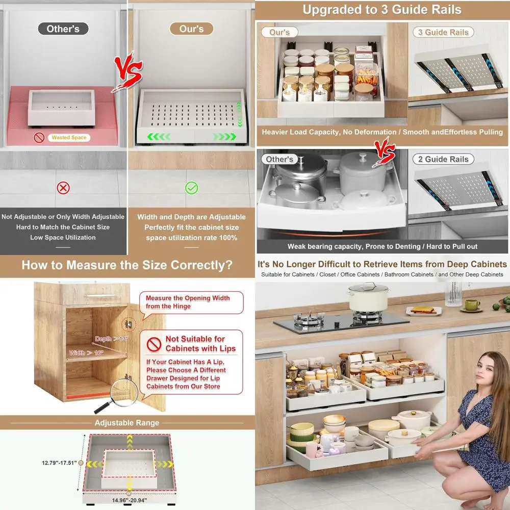 

Регулируемый выдвижной органайзер для шкафа, ширина 16-21 дюйм, глубина 13-17 дюймов, расширяемая система с 3 направляющими, без сверления, белый