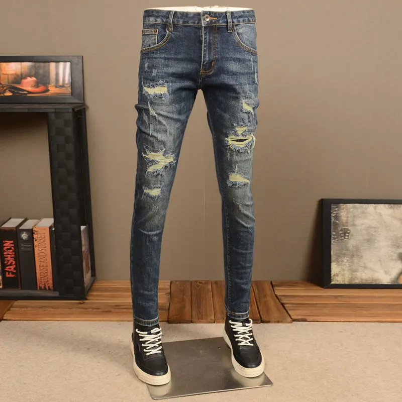 Street Fashion Men Jeans High Quality Retro Blue Elastic Slim Fit Ripped Jeans Men Hip Hop Denim Pants Vintage Designer Trousers