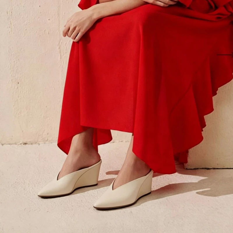 Women's Genuine Leather Wedge Sandals - Pointed Toe Summer Heels