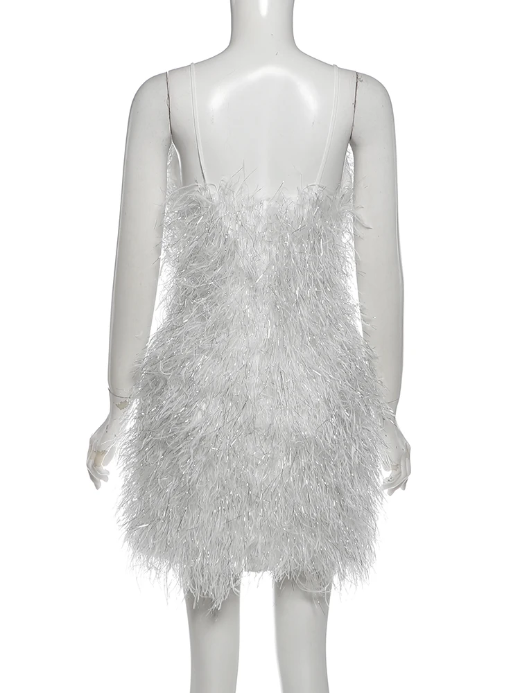 Weird Puss Furry Tassel Sling Kleid Damen Sommer Trend Spaghettiträger Tiefer Ausschnitt Rückenfrei Figurbetont Pfirsichfarben Hüftbetont Modisch Mini Bodycon – Detail 5