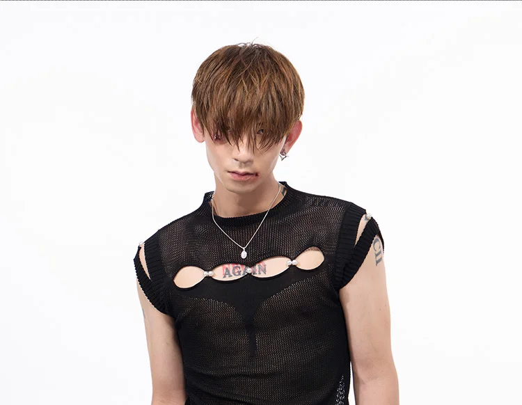 High Street Black Hollow Woven Mesh Sleeveless Tees Tank Tops Men in Summer Handmade Pearl Semi Transparent Black Tanks Tops
