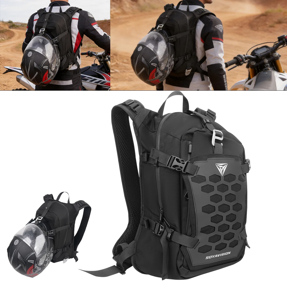 

SOYAVISION Motorcycle Storage Backpack 23L Motorbike Helmet Bag Riding Travel Luggage Bag With Rain Cover