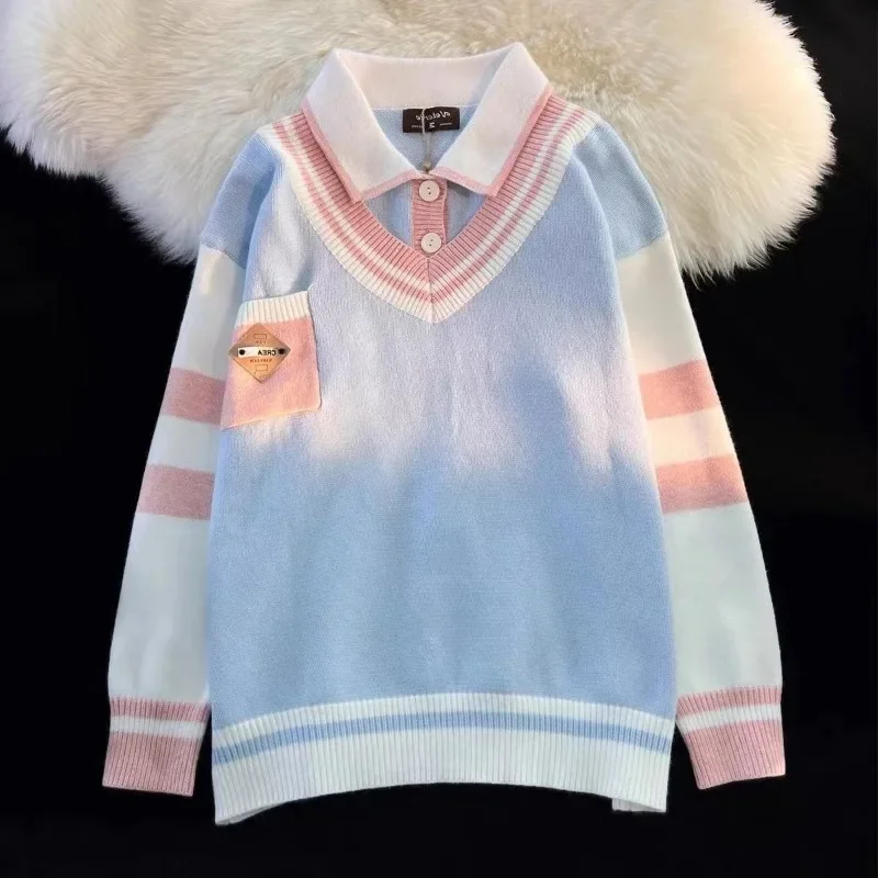 Autunno Inverno Donna Stile Preppy Patchwork Falso Due Maglioni Lavorati a Maglia Y2K Femminile Dolce Kawaii Chic Allentato Manica Lunga Pullover Top