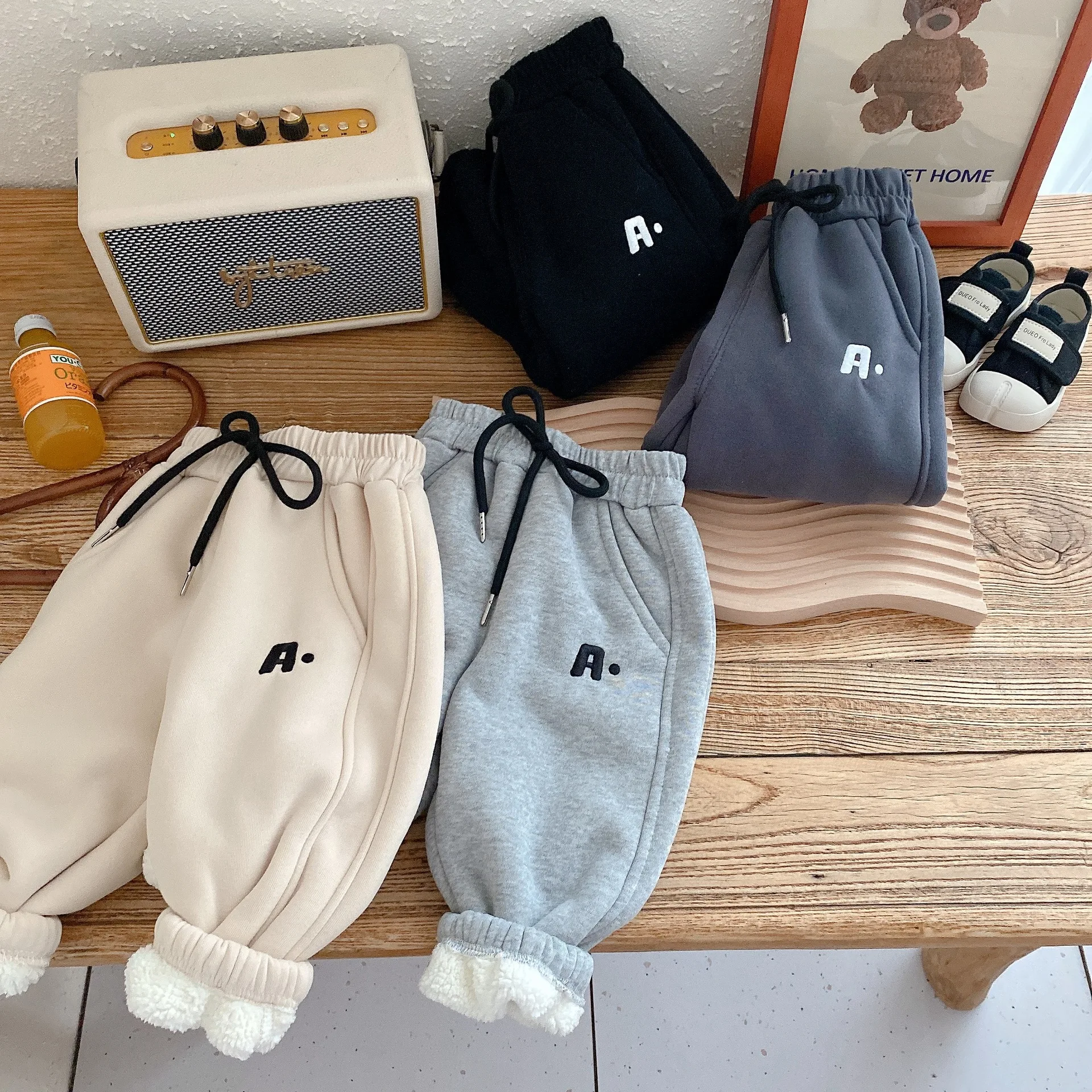 2024 autumn and winter new thickened letter embroidery sports sweatpants winter infant warm casual pants