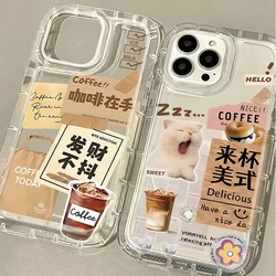 Cat Coffee Latte Label Case For iPhone 16 15 14 13 12 11 Pro Max XS X XR 8 7 Plus SE 2020 Shockproof Silicone Clear Back Cover