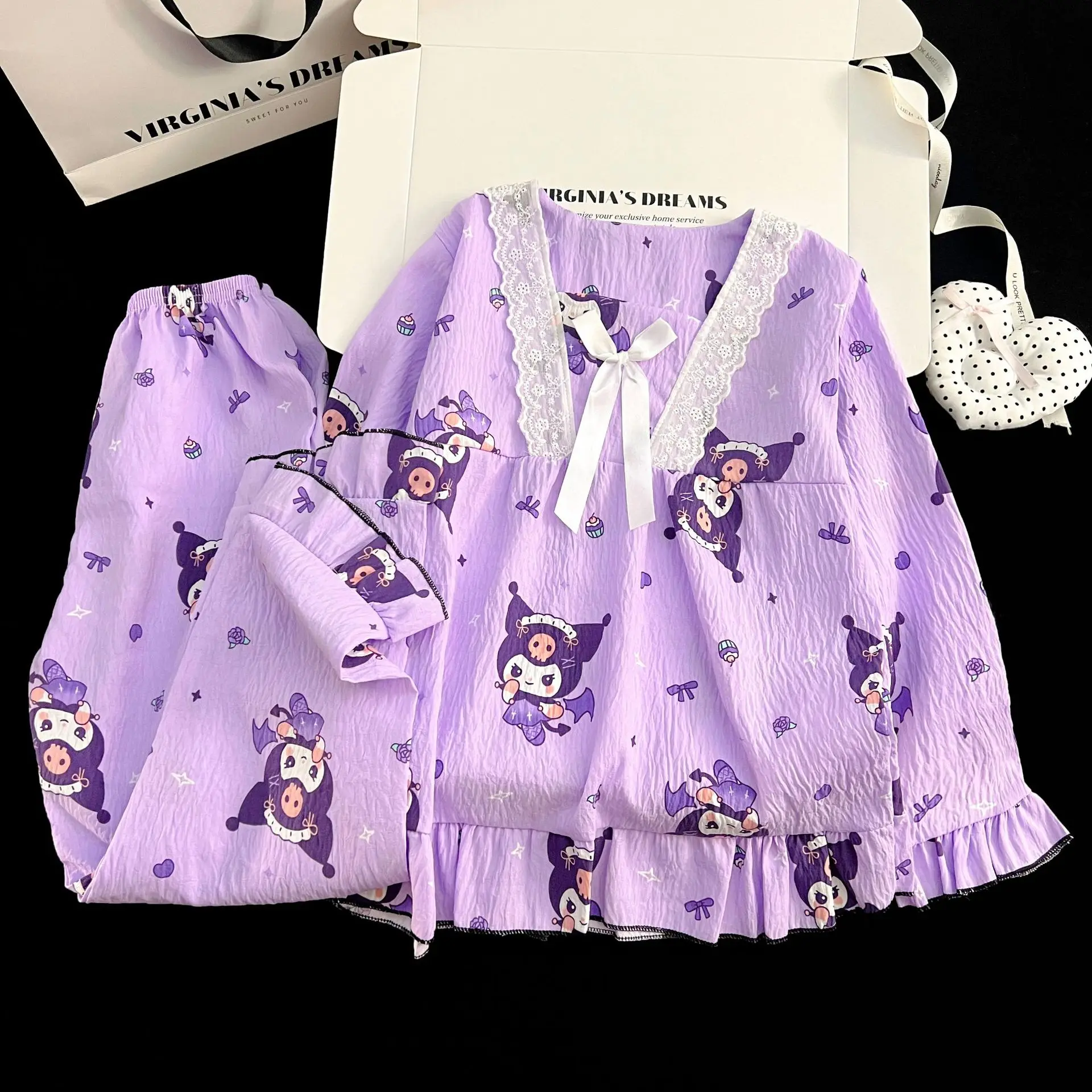 

Anime Kuromi Children's Sleepwear Big Girl Set Spring Autumn Long Sleeved Pants Korean Version Western Style Girls' Home Clothes