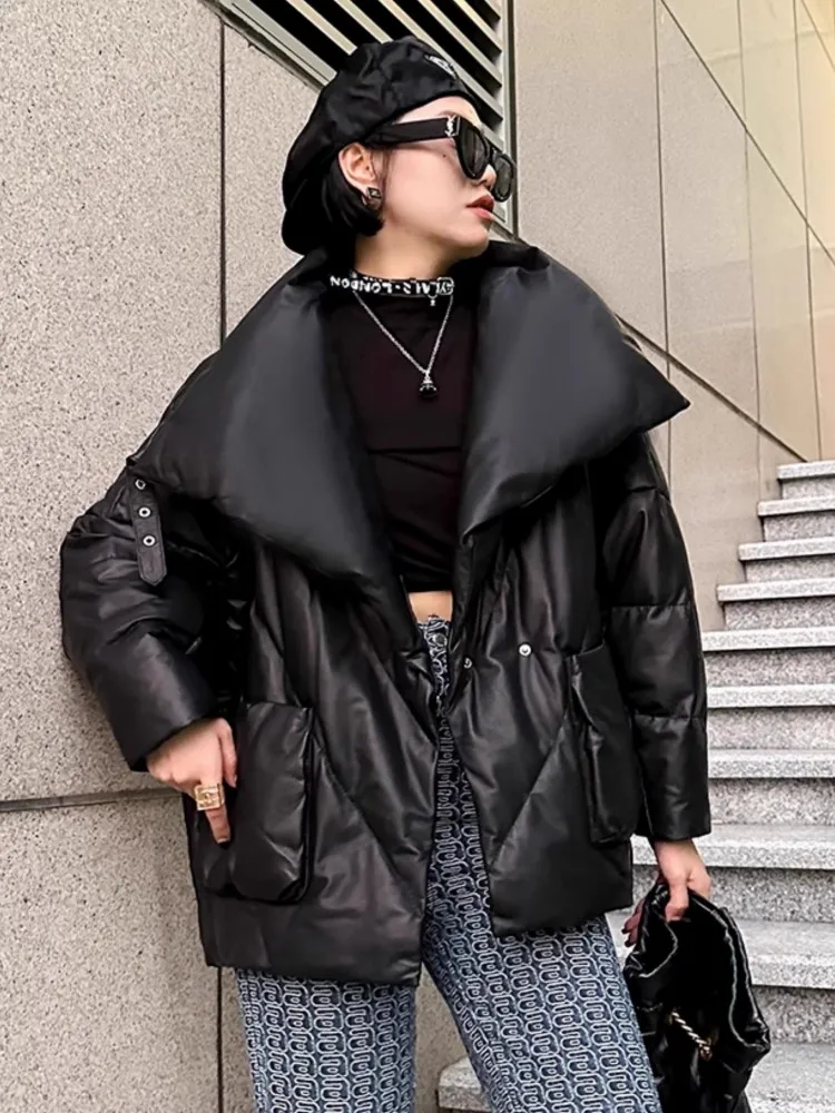 Matte Genuine Leather Women Down Coat Winter New Style Loose Fit High Street Hip Hop Fashion Warm Large Lapel Sheepskin Jacket