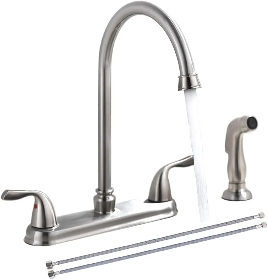 

2 Handle Kitchen Faucet with Side Sprayer, Brushed Nickel 360° Swivel, Easy Install, SC-KF201