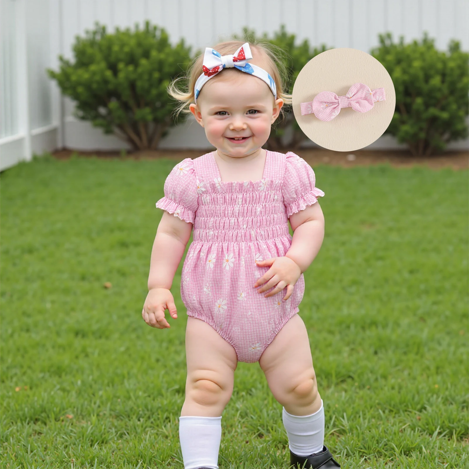 Summer Baby Girls Princess Rompers Plaid Flower Print Short Sleeve Infant Bodysuits Jumpsuits with Headband Sunsuits