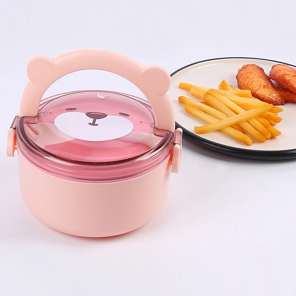 Cartoon Bear Lunch Box Microwave Safe Portable Leakproof Food Container with Utensils for Kids Students Adults