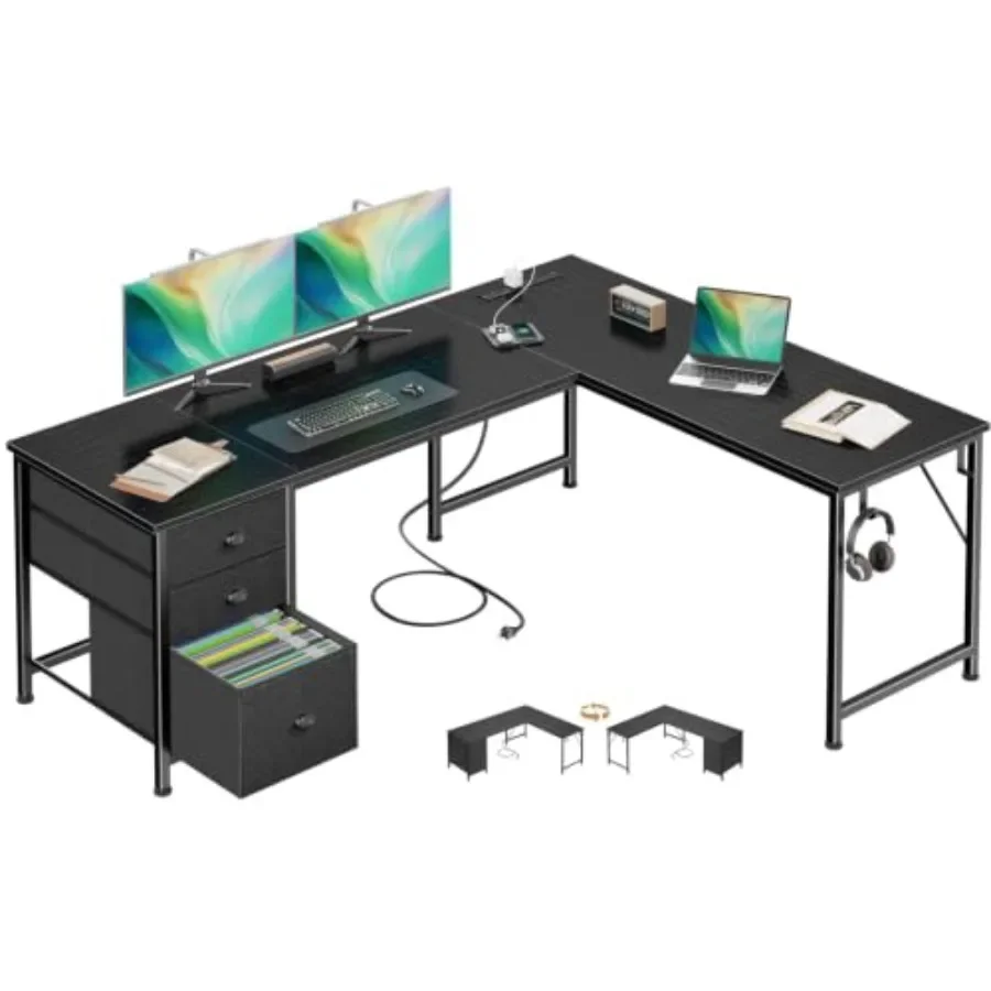 Home office desk: L-shaped, engineered wood, white, 63 with power outlets, USB-C port, reversible corner, 3 fabric drawers hook