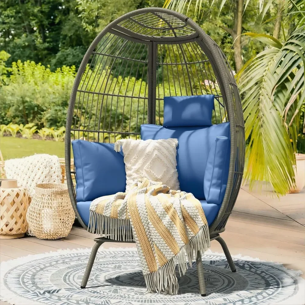 Wicker Egg Chairs Outdoor Indoor, Oversized  370lbs Capacity Large Egg Chairs Stand Cushion Egg Basket Chair for Patio,Steelblue