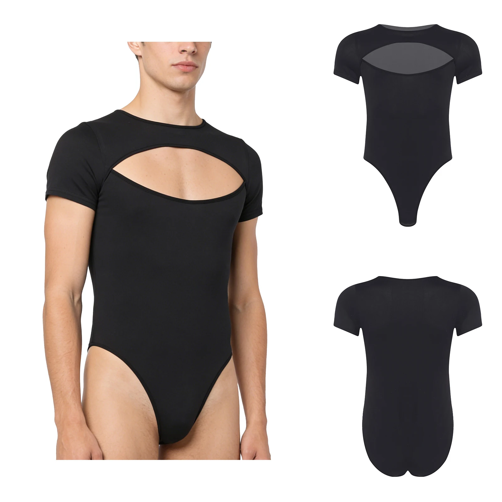 Men Short Sleeve High Cut Cutout Bodysuits Stretchy Comfortable Buttoned Crotch Jumpsuit for Workout Sport Bodybuilding Suits