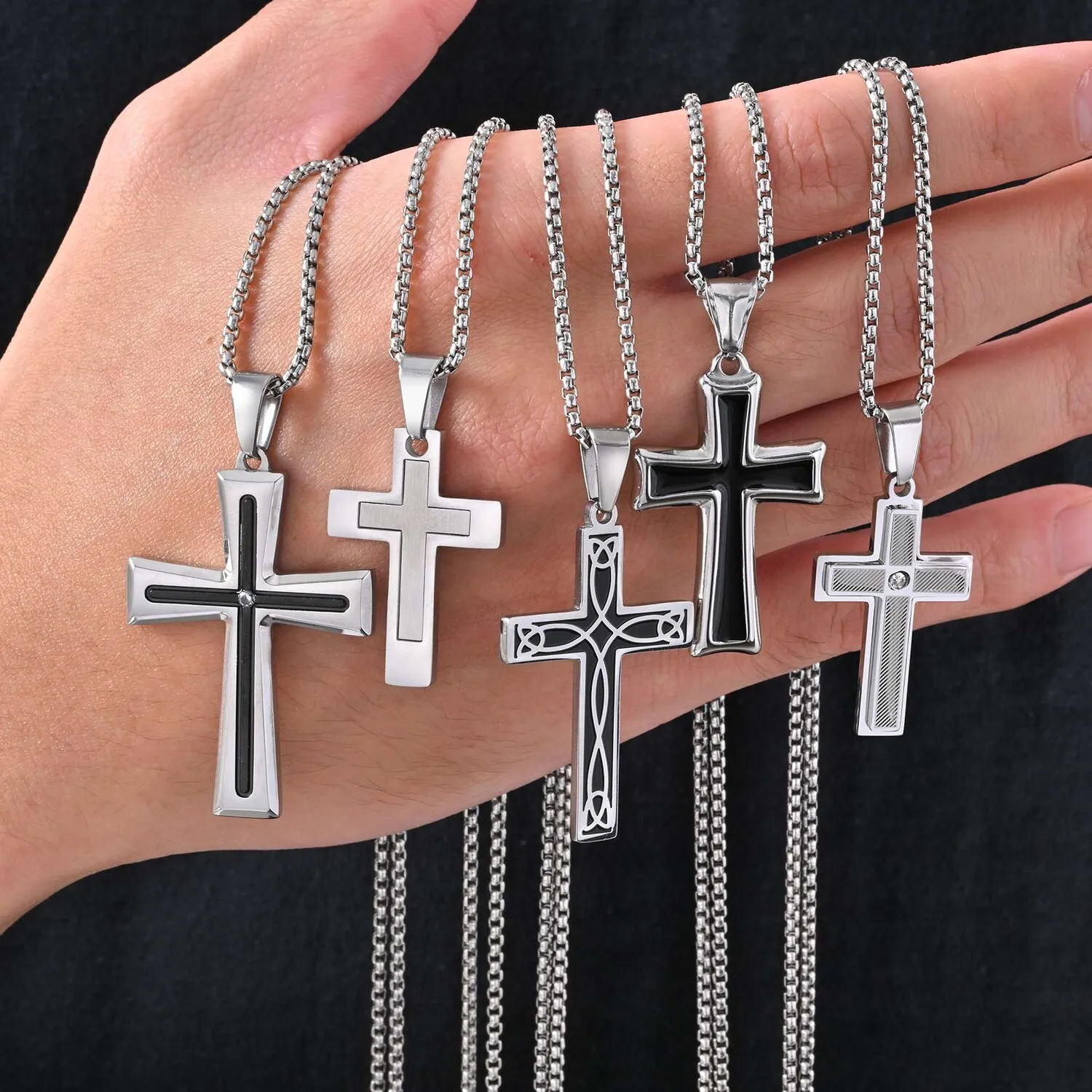 قلادة متقاطعة أساسية للرجال والأولاد، قلادة متقاطعة من الفولاذ المقاوم للصدأ مع سلسلة صندوق 50/55/60 سم، هدية الذكرى السنوية لعيد الميلاد #3