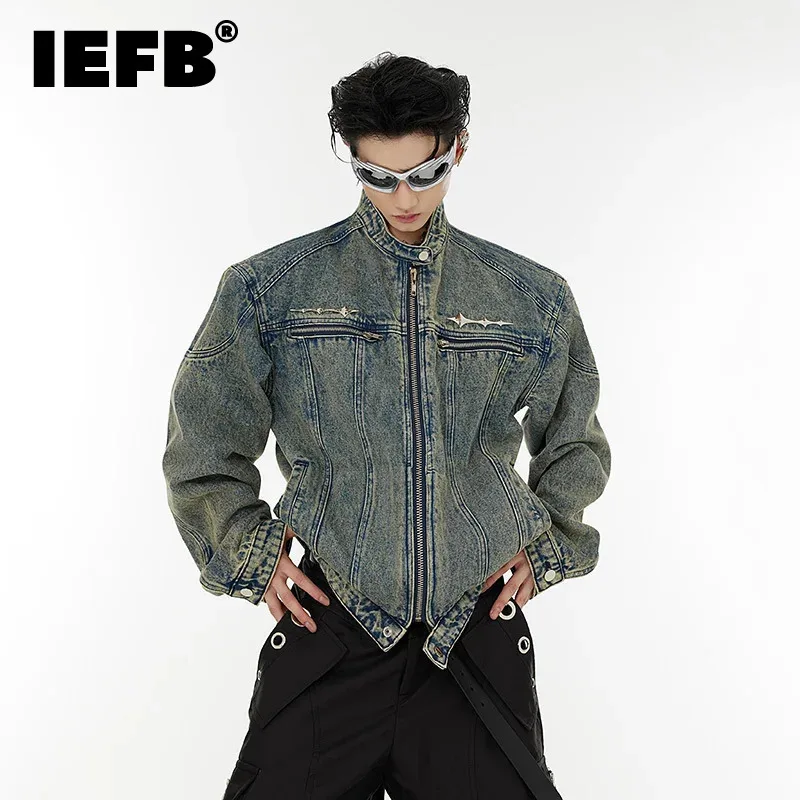 

IEFB Vintage Men's Denim Jackets Fashion Washed Shoulder Pad Jacket High Steet Collarless Personality Men Clothing 9C1303