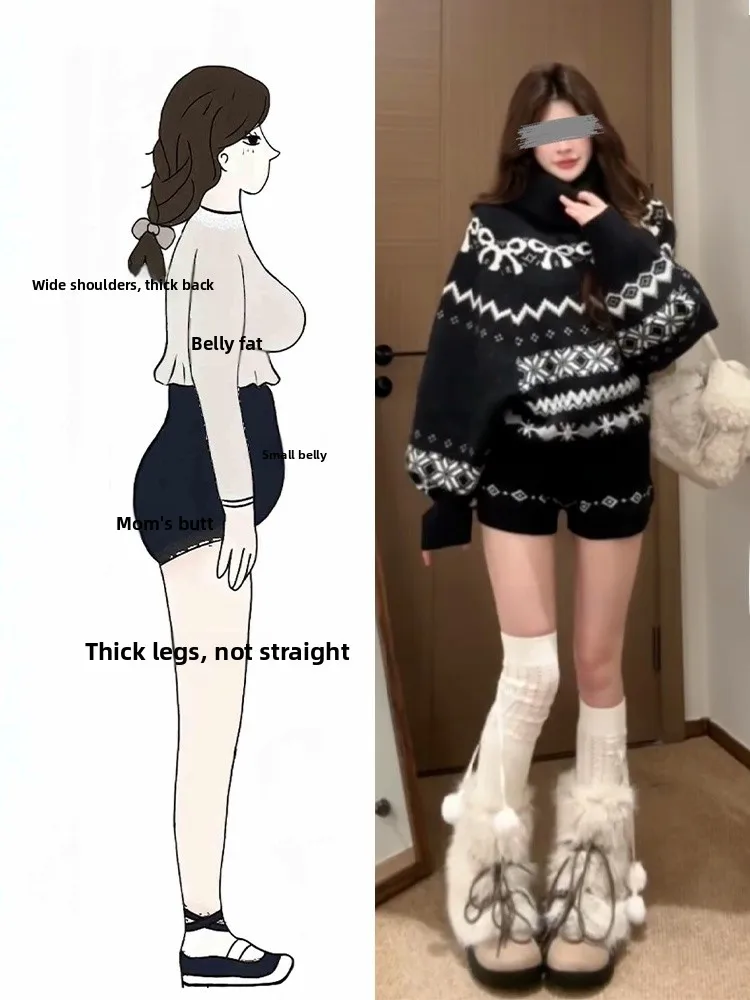 

Black High Collar Knitted Sweater And Short Pants Set plus Size Retro Style Autumn Winter New Arrival Beautiful And Stylish E...