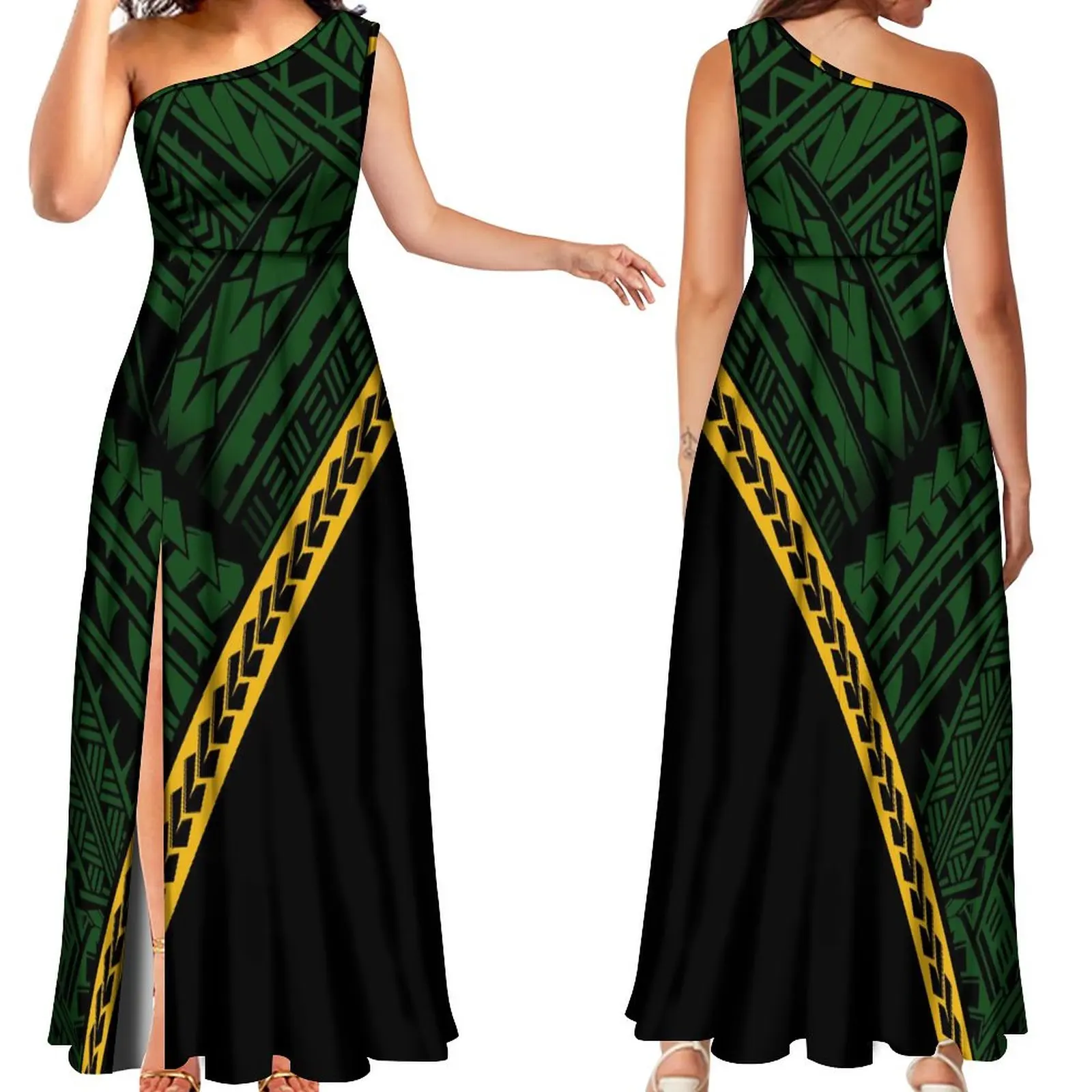 Hot Samoa Club Fashion Clothing Sexy Split Dress Polynesian Vintage Print Ethnic Dress Plus Size High Waist Dress