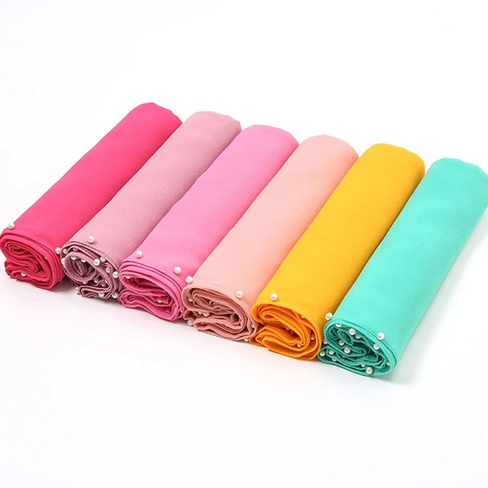 Chiffon Hijab Scarf Shawl with Pearls Muslim Long Scarves Foulard Musulmane Pour Femme Turbantes Cabeza Para Las Mujeres