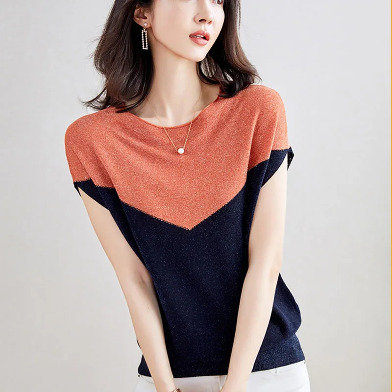 Ice Silk Knitted Tops Women Casual Contrasting Color Loose Tees Korean T-shirt Thin Short Sleeve Tshirts Summer Woman Clothing