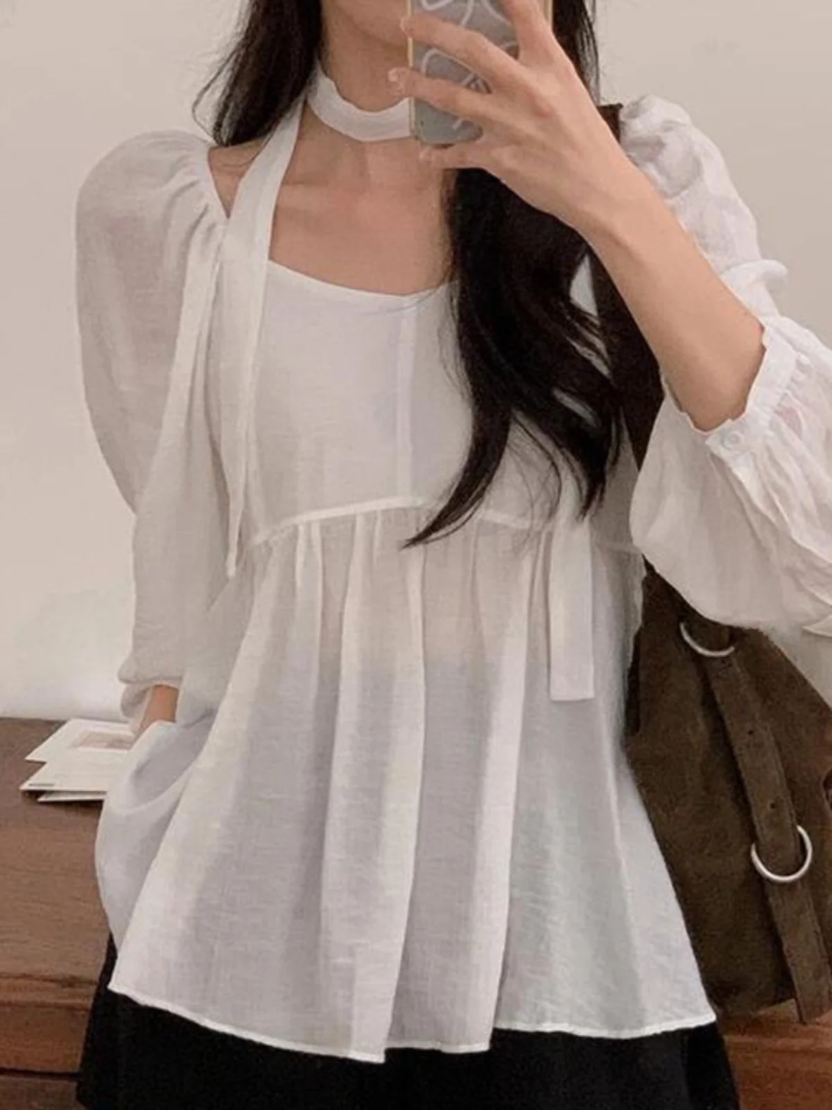 

Early Autumn High-End Feelings Women's Loose Long Sve irt Collarbone Exposure Sa Square Collar Casual Sle Korean Ver...