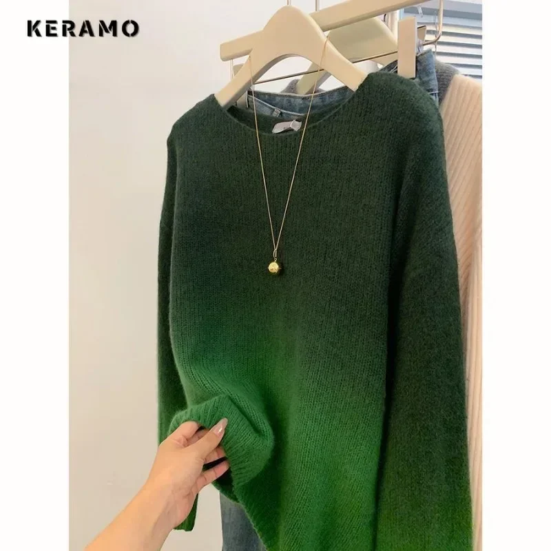 2025 Winter Casual Y2K Knitting Long Sleeve Gradient Pullovers Women's Chic Patchwork Coquette Warm Fashion Green Sweater