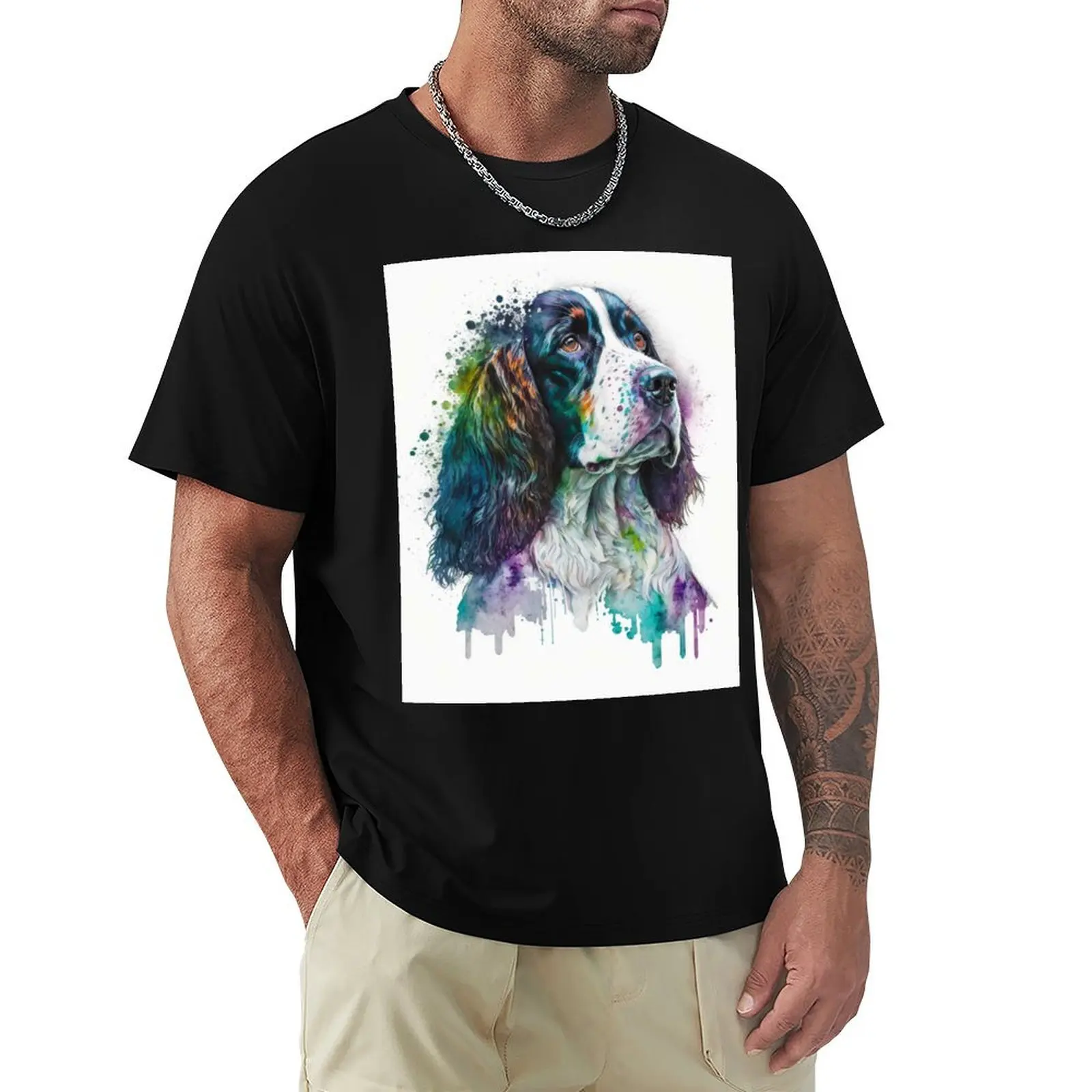 Original English Springer Spaniel Watercolor Painting T-Shirt Industrial Work Tee Shirt