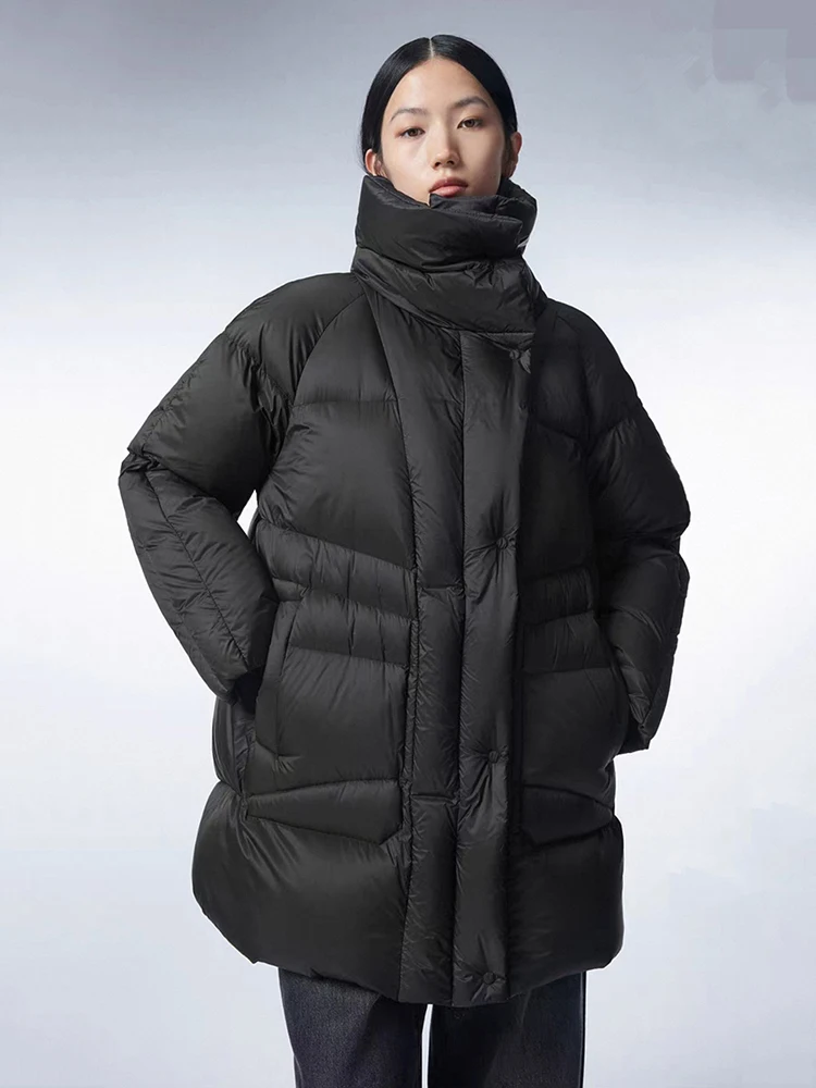 

Winter Stand Collar Puff Mid Length Down Jacket Female Thick Warm Zipper Jackets Women White Duck Down Fluffy Parker Outwears
