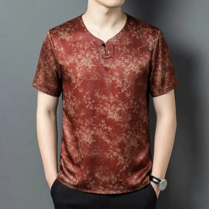 Natural Silk 100% V-Neck T Shirt For Men Short Sleeve Luxurious Summer Quality Satin Lightweight Print Loose Camisetas De Hombre