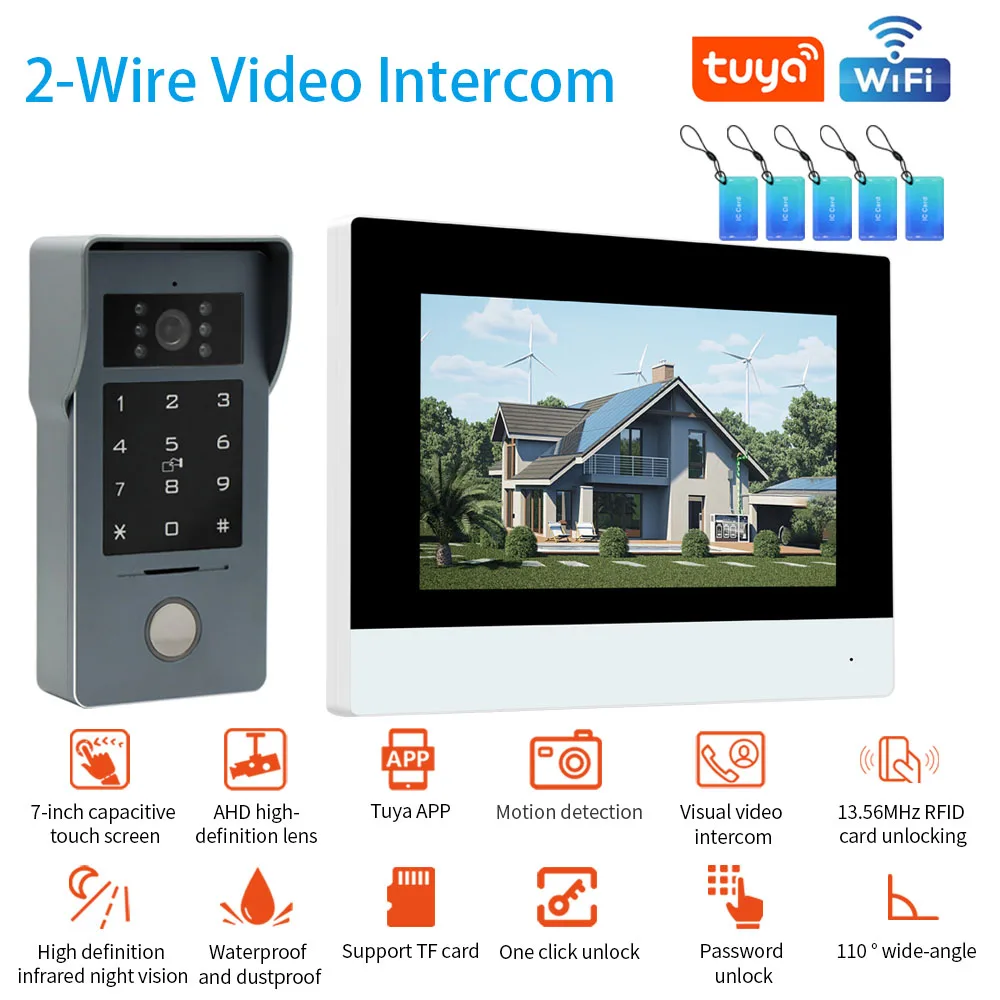 

2-проводной Tuya Wi-Fi 7/10-дюймовый комплект видеодомофона для умного дома, видеодомофонная система 1080P, проводной дверной звонок, камера, полный сенсорный монитор