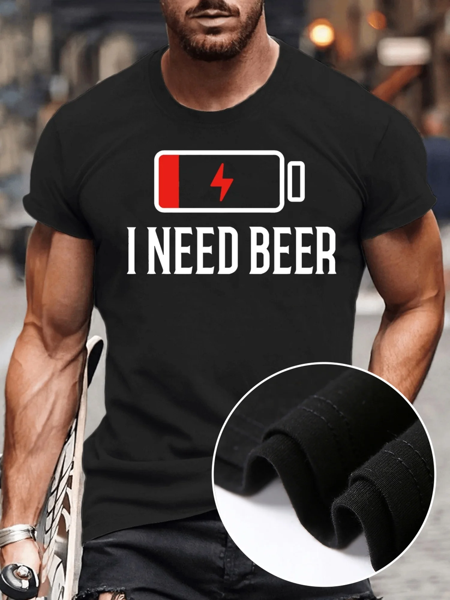 

I Need Beer" Men's Casual Black T-Shirt - Soft Polyester, Crew Neck, Short Sleeve, All-Season Wear
